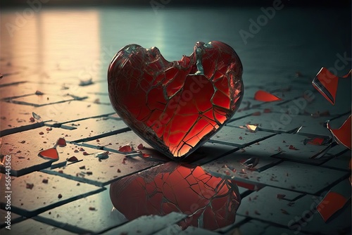 A heart breaking up in crystal pieces like a emotional accident where a heart ends up broken, generative ai