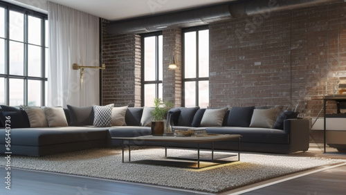 postmodern living room interior in loft, industrial style, vintage, Generative AI