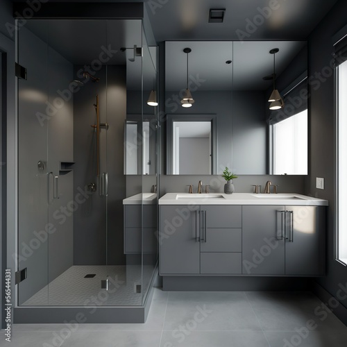Modern bathroom corner with gray walls  a concrete floor  a mirror topped double sink  a gray cabinet  and a glass enclosed shower. Generative AI