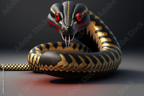 close-up of a snake with dragon horns and black scales with red and gold patterning. Snake with colorful, beautiful eyes Generative AI photo