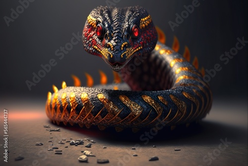 close-up of a snake with dragon horns and black scales with red and gold patterning. Snake with colorful, beautiful eyes Generative AI photo