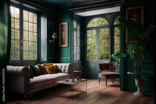 photography interior design, wooden floor, french windows opening onto the garden, eclectic furniture and decoration, low ceilings, dark green amber palette, interior design magazine, generative Ai