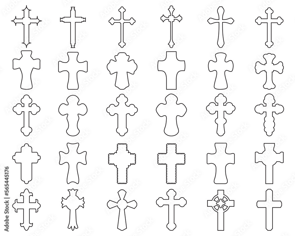 Black illustrations of different crosses on a white background	
