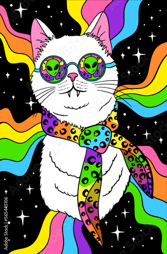 psychedelic groovy white cat in sunglasses, space retro trip