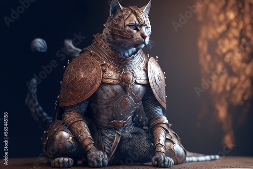 portrait of the cat soldier sitting and wearing armor, very serious face, 3D illustration, Generative Ai
