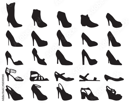 Black silhouettes of female shoes, sandals and boots on a white background