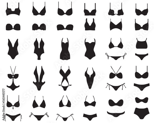 Black silhouettes of swimwear, bikini and bras on a white background