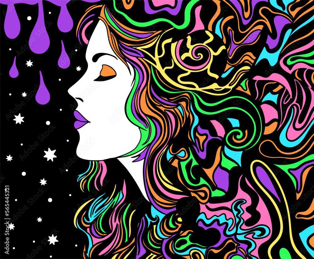 Psychedelic style hippy girl, retro poster. Dreamy woman in space trip Psychedelic style hippy girl, retro poster. Dreamy woman in space trip