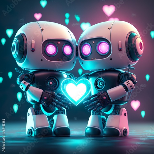 cyberpunk cute couple robot holding a neon heart on valentine's Day, Robot romantic illustration, 3d robot love © poker