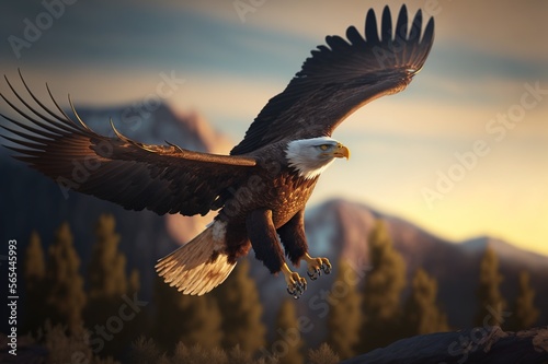 A bald eagle soaring low to the ground. Generative AI.