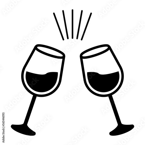 Monochrome vector graphic of two glasses of wine being chinked together in a toast or celebration