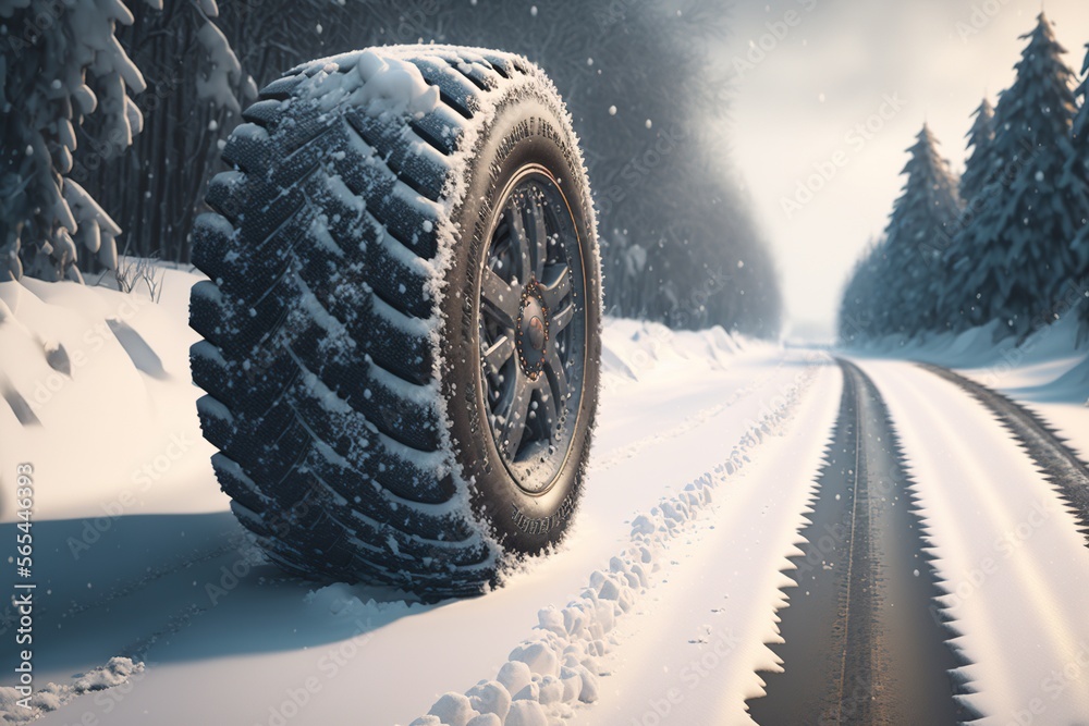 Naklejka premium Studded tire on a snowy road. Generative AI.