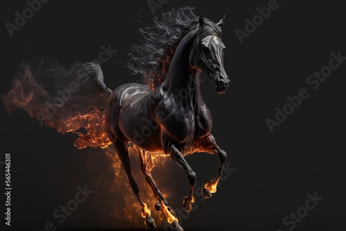 Black horse running between fire flame. Generative AI. Generative AI.