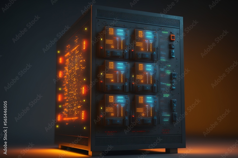 Data center server equipment with flickering light. Generative AI.