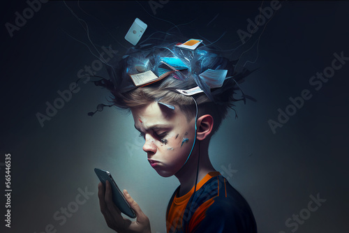 Generated IA illustration of addicted teenager at the phone using without control - social media and network addicted concept and lifestyle