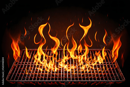 Barbecue Grill With Fire Flames, Black Background, Illustration generativ ai 