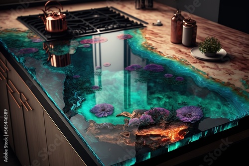 Epoxy resin kitchen countertops. Generative AI.