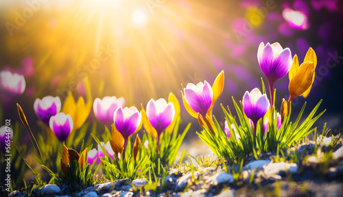 spring crocus flowers in spring, beautiful Sun Banner, Illustration generativ ai 