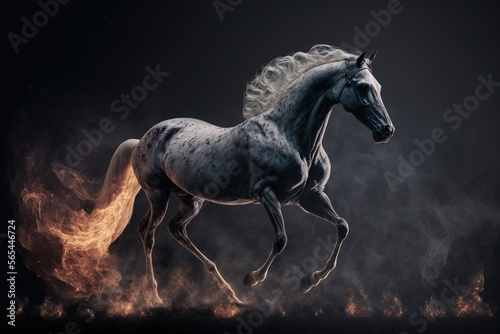 Grey horse running between fire flame. Generative AI. Generative AI. © Bargais