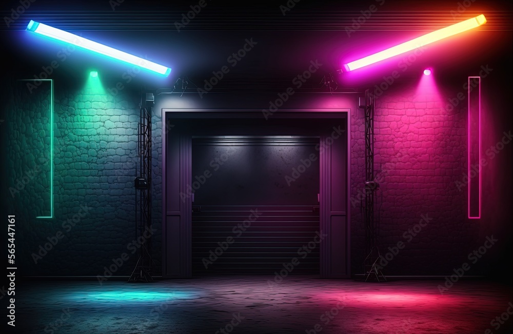 illustration of spotlights shine on stage floor in dark room, idea for background, backdrop, green pink lights,  Generative Ai