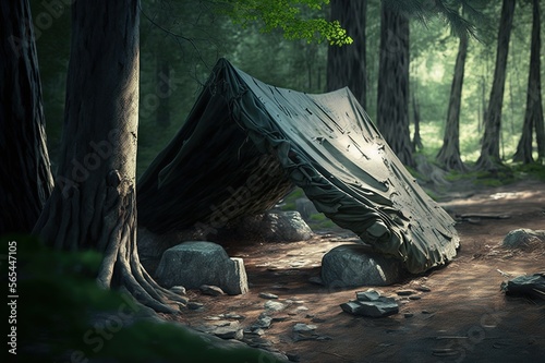 Primitive tarp shelter in the woods. Generative AI.