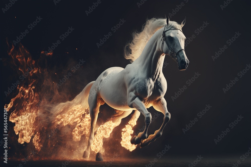 White horse running between fire flame. Generative AI.