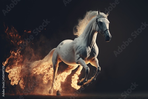 White horse running between fire flame. Generative AI.