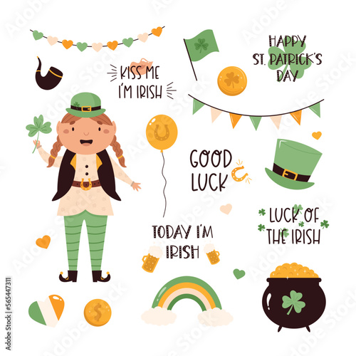 Cartoon leprechaun girl n traditional costume and holiday elements, symbols