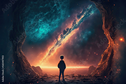 ai midjourney generated illustration of a boy looking to a magic colorful universe