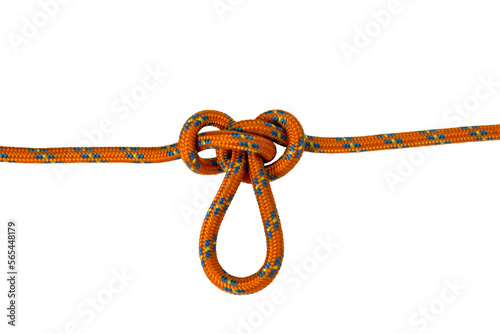 Alpine Butterfly Knot, orange rope, example of knot used outdoors, transparent background, png 