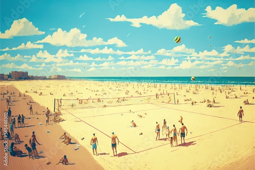  a painting of people playing volleyball on a beach with a blue sky and clouds in the background and a yellow and white volleyball court in the middle.  generative ai