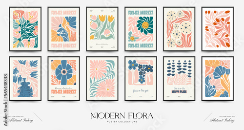 Abstract floral posters template. Modern trendy Matisse minimal style. Pink and blue colors. Hand drawn design for wallpaper, wall decor, print, postcard, cover, template, banner. 