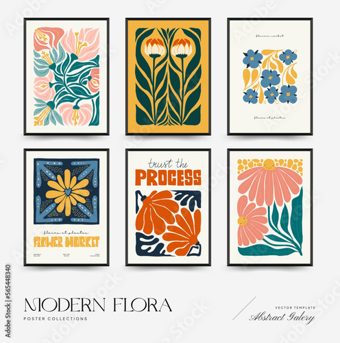 Abstract floral posters template. Modern trendy Matisse minimal style. Pink and blue colors. Hand drawn design for wallpaper, wall decor, print, postcard, cover, template, banner. 