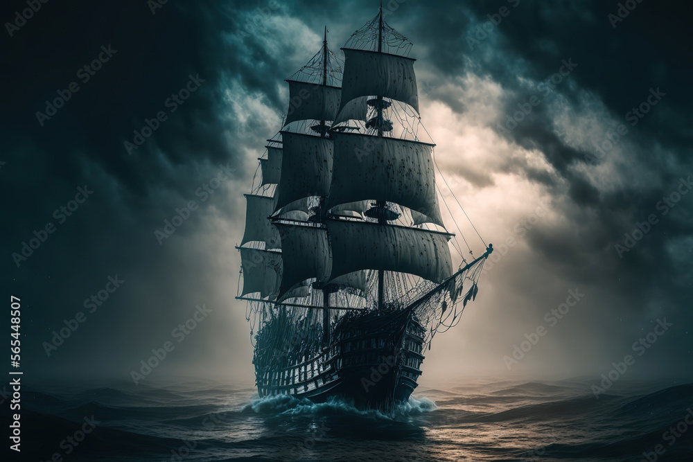 a pirate ship sailing in the ocean on a foggy day, art illustration 