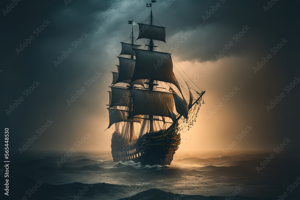a pirate ship sailing in the ocean on a foggy day, art illustration 
