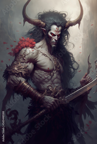 painting of a demon holding a sword, concept art illustration 