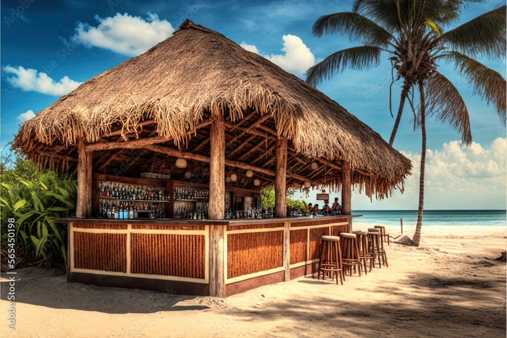  a tiki bar on the beach with a palm tree in the background and a blue sky with clouds in the background and a few clouds in the sky.  generative ai