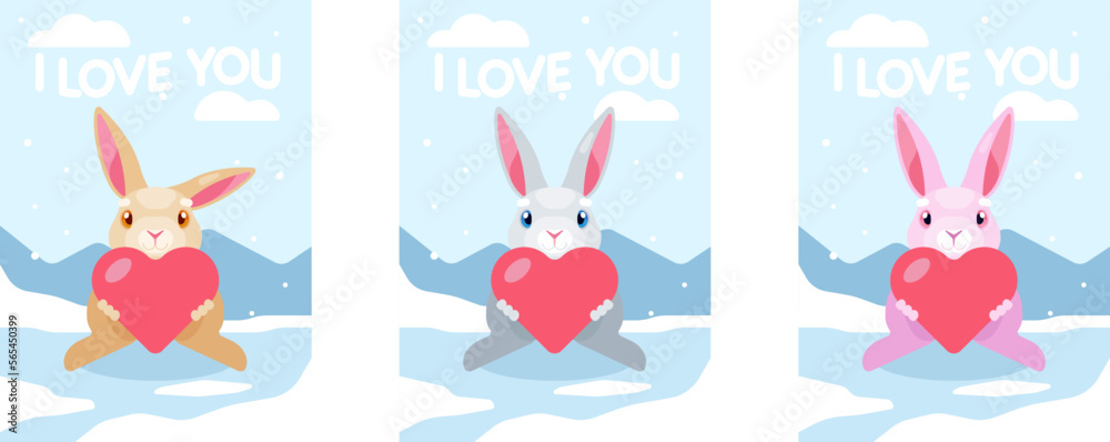 Groovy greeting card with cute bunny for Happy Valentines day. Old school vintage style cartoon posters with hearts and lines. Vector lovely illustration in blue white yellow violet pink red colors Groovy greeting card with cute bunny for Happy Valentines day. Old school vintage style cartoon posters with hearts and lines. Vector lovely illustration in blue white yellow violet pink red colors