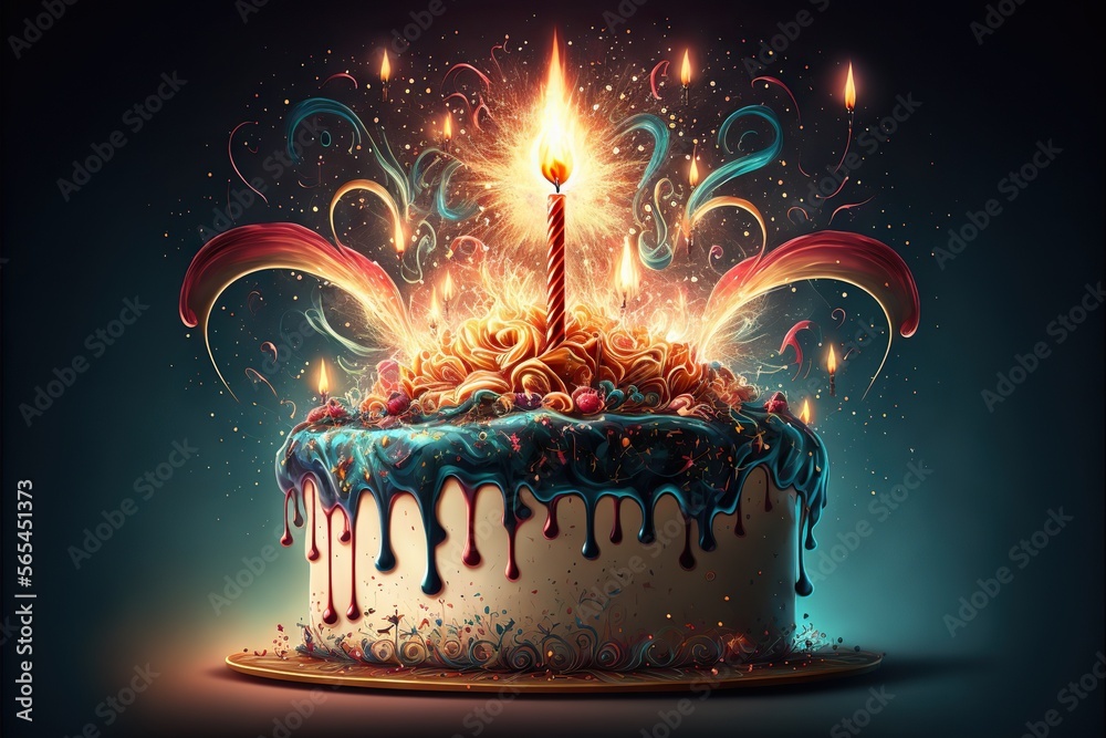 birthday cake with candles and fireworks created with Generative AI