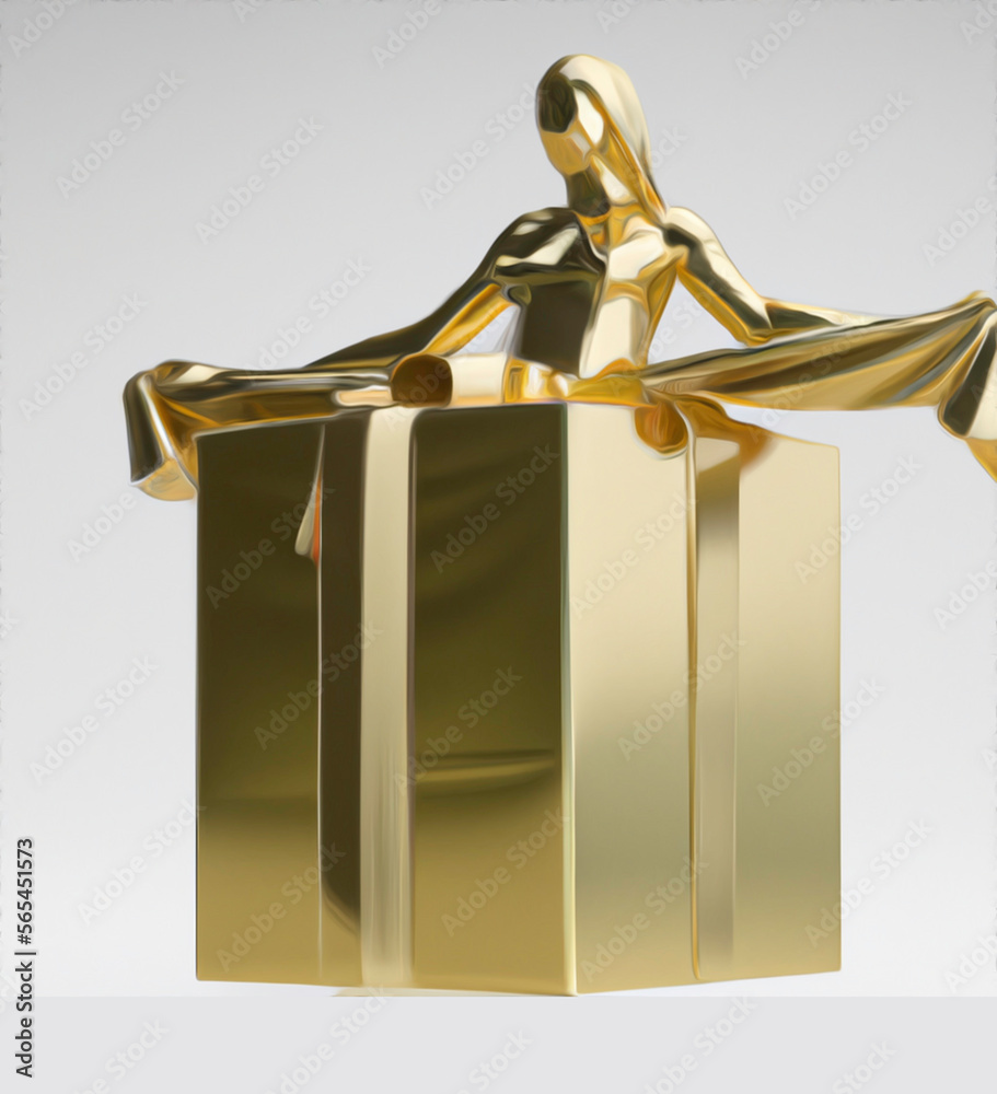Statuesque goddess of gift wrap standing with a large sculpturesque box