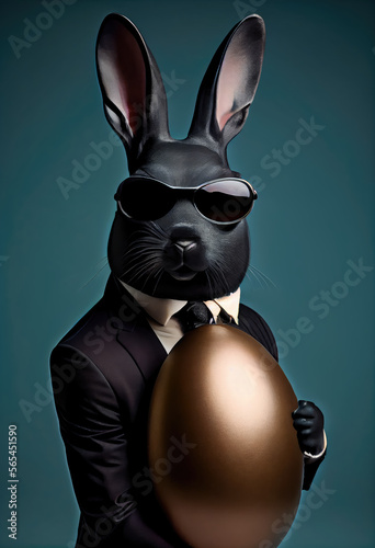 Mr. Easter Bunny in a black suit and sunglasses, holding an easter egg (Generative AI)