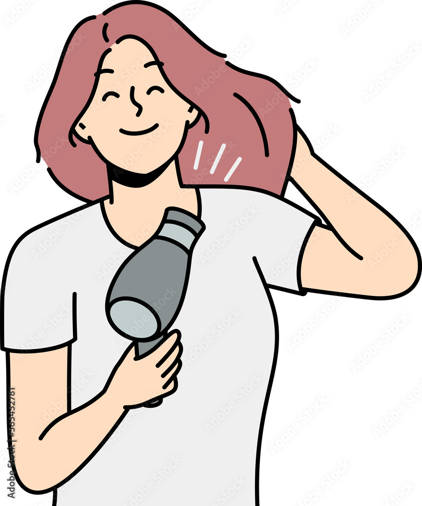 Smiling woman blow hair with fan Smiling woman blow hair with fan