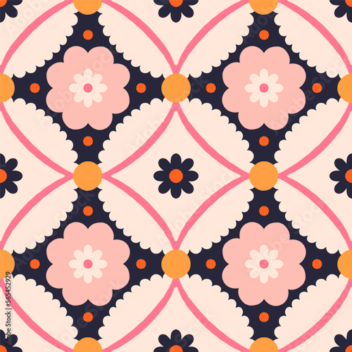 Vector abstract floral tile. Seamless pattern with geometrical flowers and shapes. Background in retro style