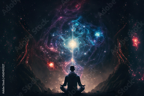 Meditation transcending human existence. Surreal illustration. Ai generative  photo