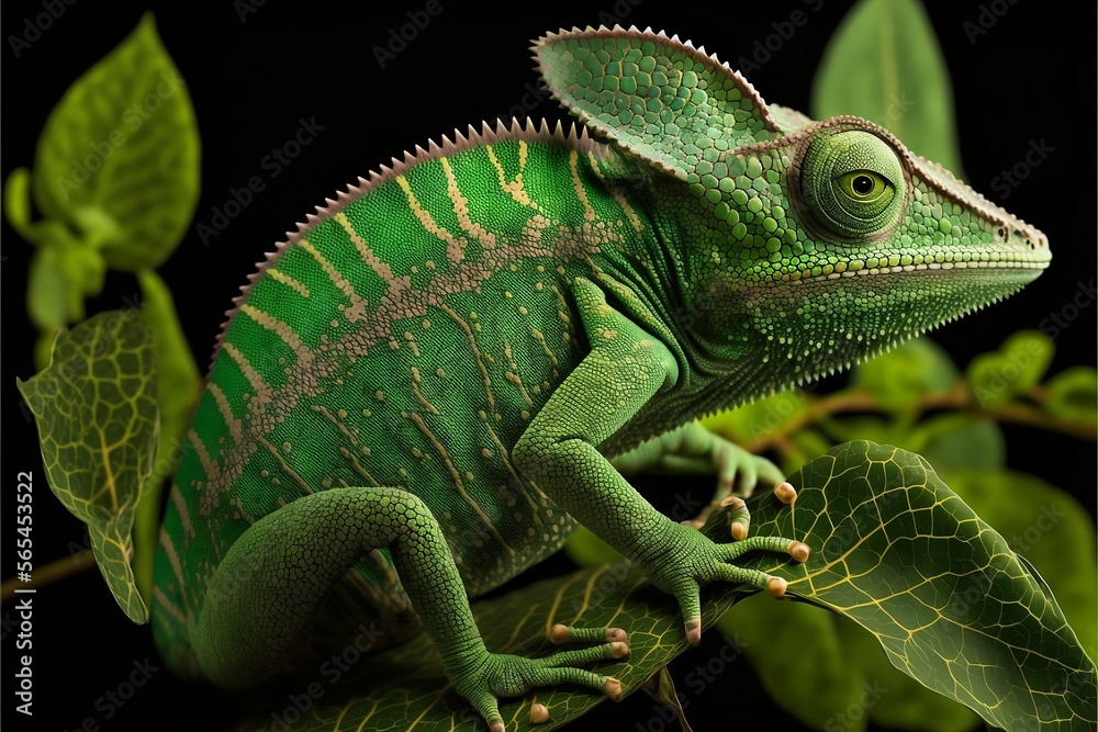 Fototapeta premium Incredibly cute chameleon lizard with changing colors. Exotic wild lizard or reptile, Ai generated