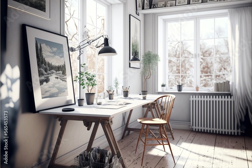 Scandinavian style interior study room with a natural wood desk, a table lamp and a chair to work, and the sun is illuminating brightly the room, the framed pictures on the wall and the potted plants