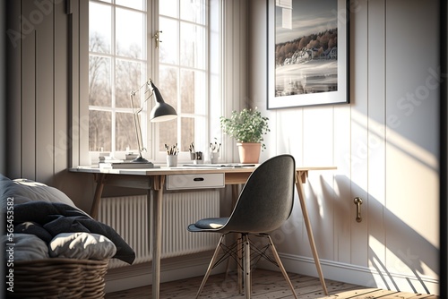 Scandinavian style interior study room with a natural wood desk, a table lamp and a chair to work, and the sun is illuminating brightly the room, the framed pictures on the wall and the potted plants