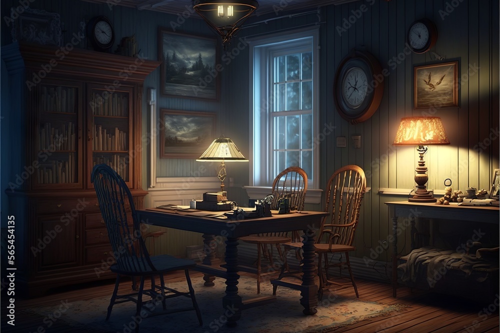 Country interior style study room at night with robust vintage looking natural wood desk and furnitures, with pictures and clock on the wall, illuminated bluntly with a table lamp