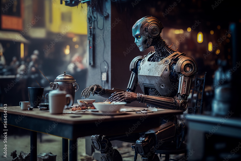 Robot assis et prenant un repas au restaurant - Générative IA