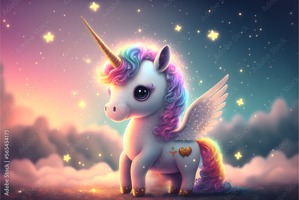 Cute Unicorn, Magic Baby Rainbow Horse surrounded by sparkles and